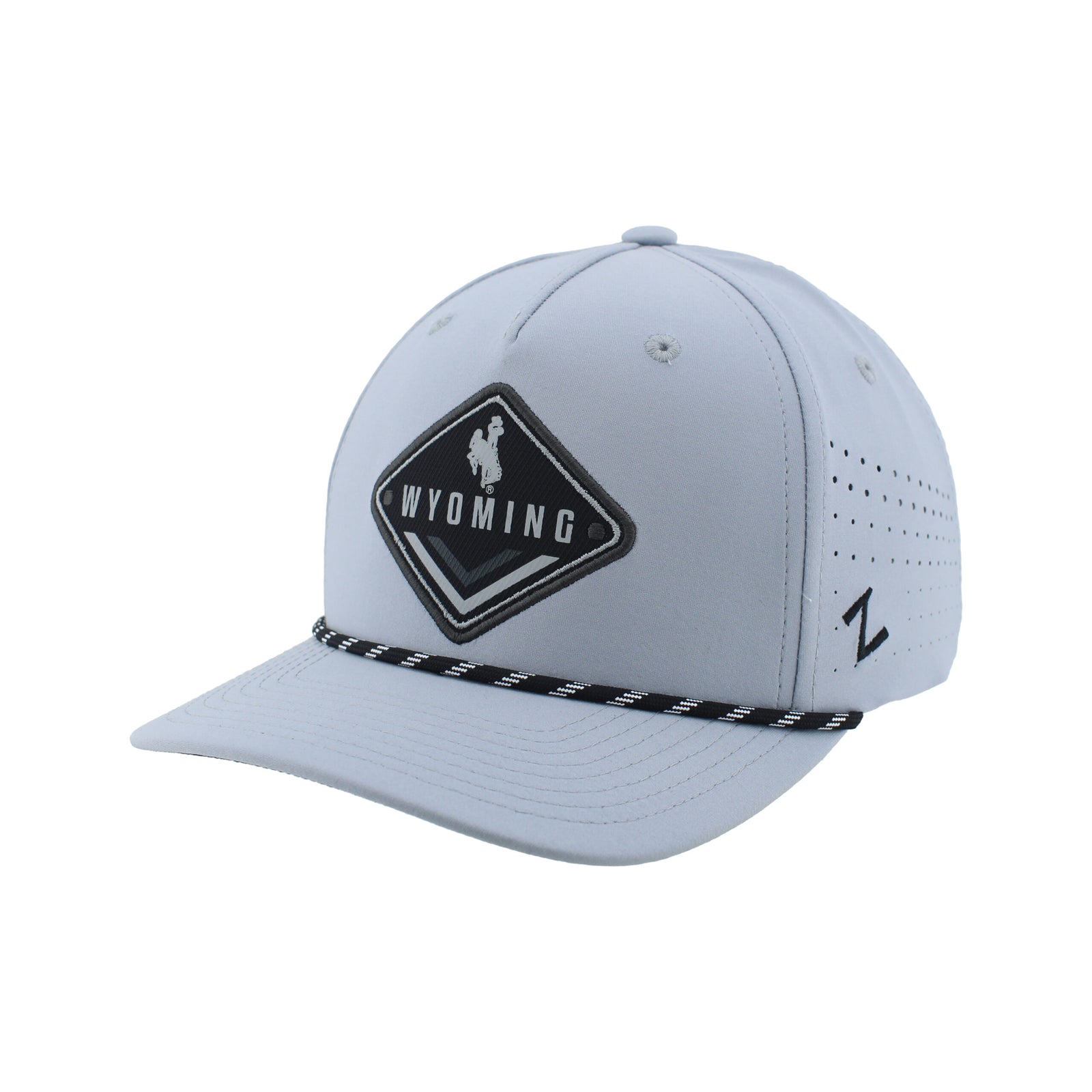 grey adjustable hat. has black and grey rope on bill. black diamond patch with grey outline. has grey bucking horse with wyoming letters below.