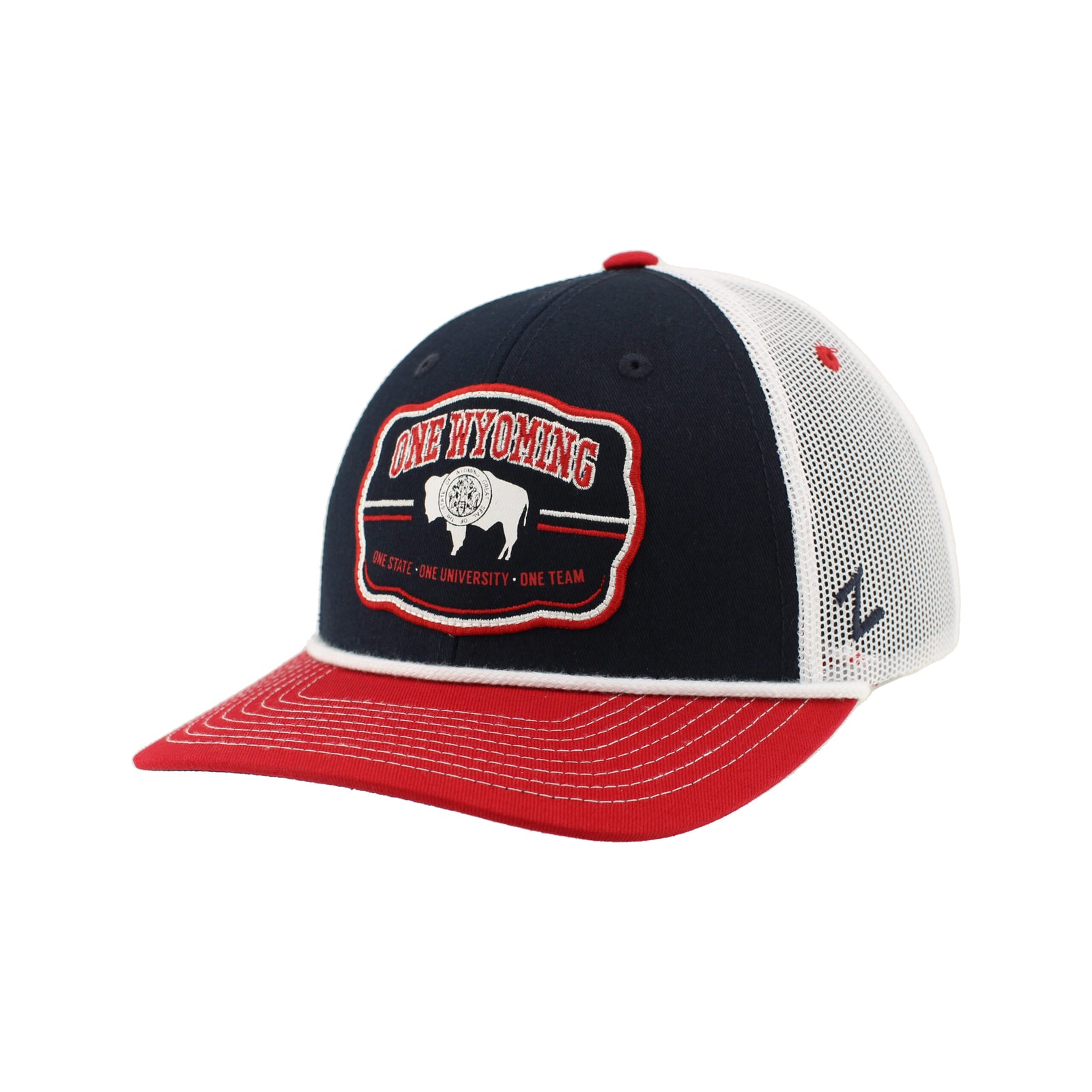 red bill and navy front panel with white mesh backing hat. has white rope across bill as well as white stitching. front panel has embroidered patch with one wyoming and a buffalo on it