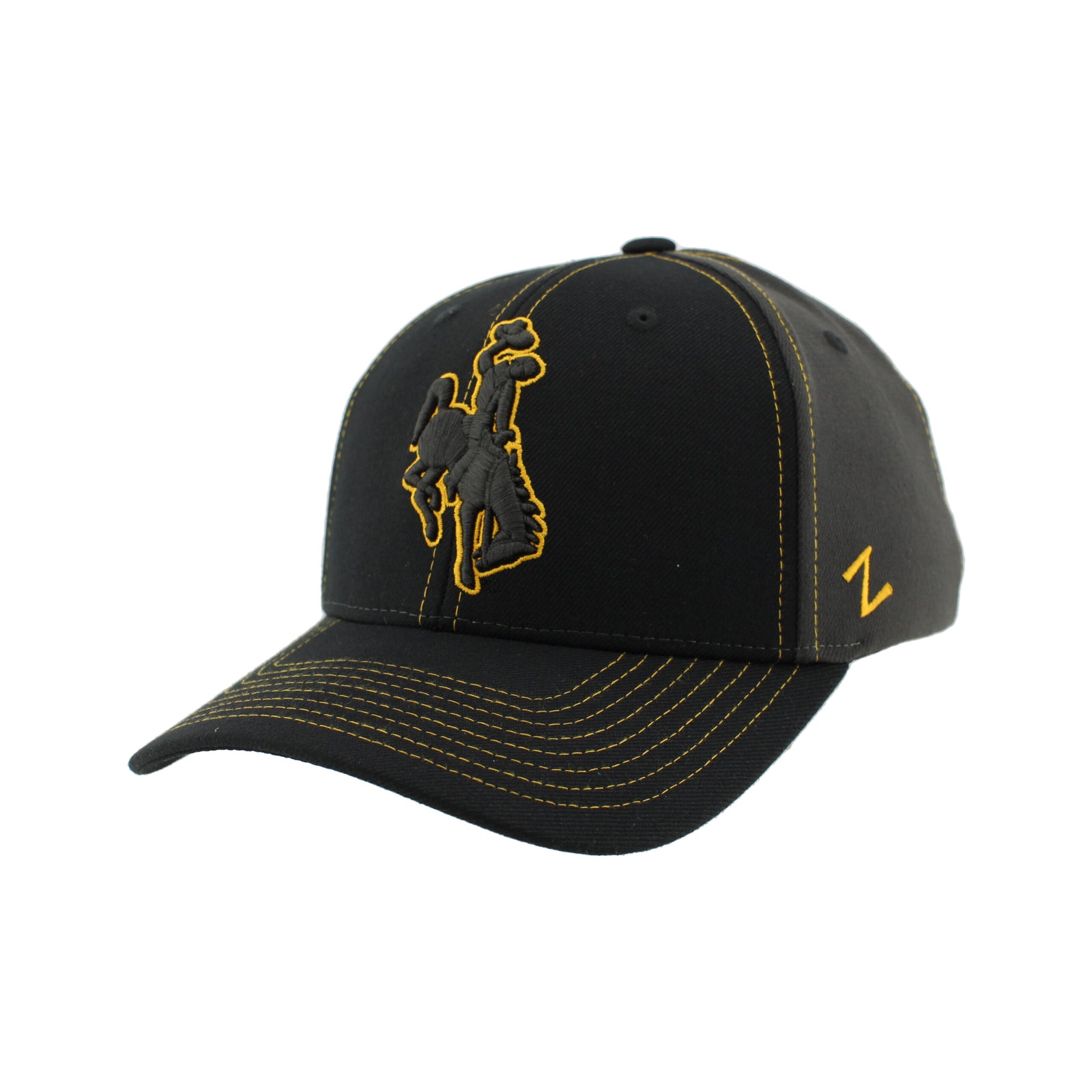 black and charcoal flexfit hat with bill charcoal and rest black. has embroidered bucking horse on front panel and gold stitching on bill