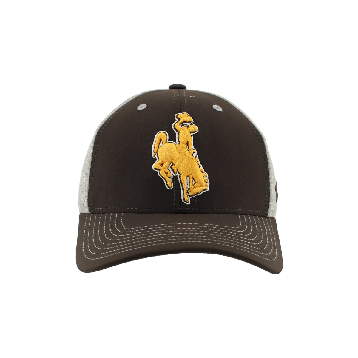 brown and heather flexfit hat with brown front panel and bill and grey back. has gold embroidered bucking horse on front panel and grey stitching on bill