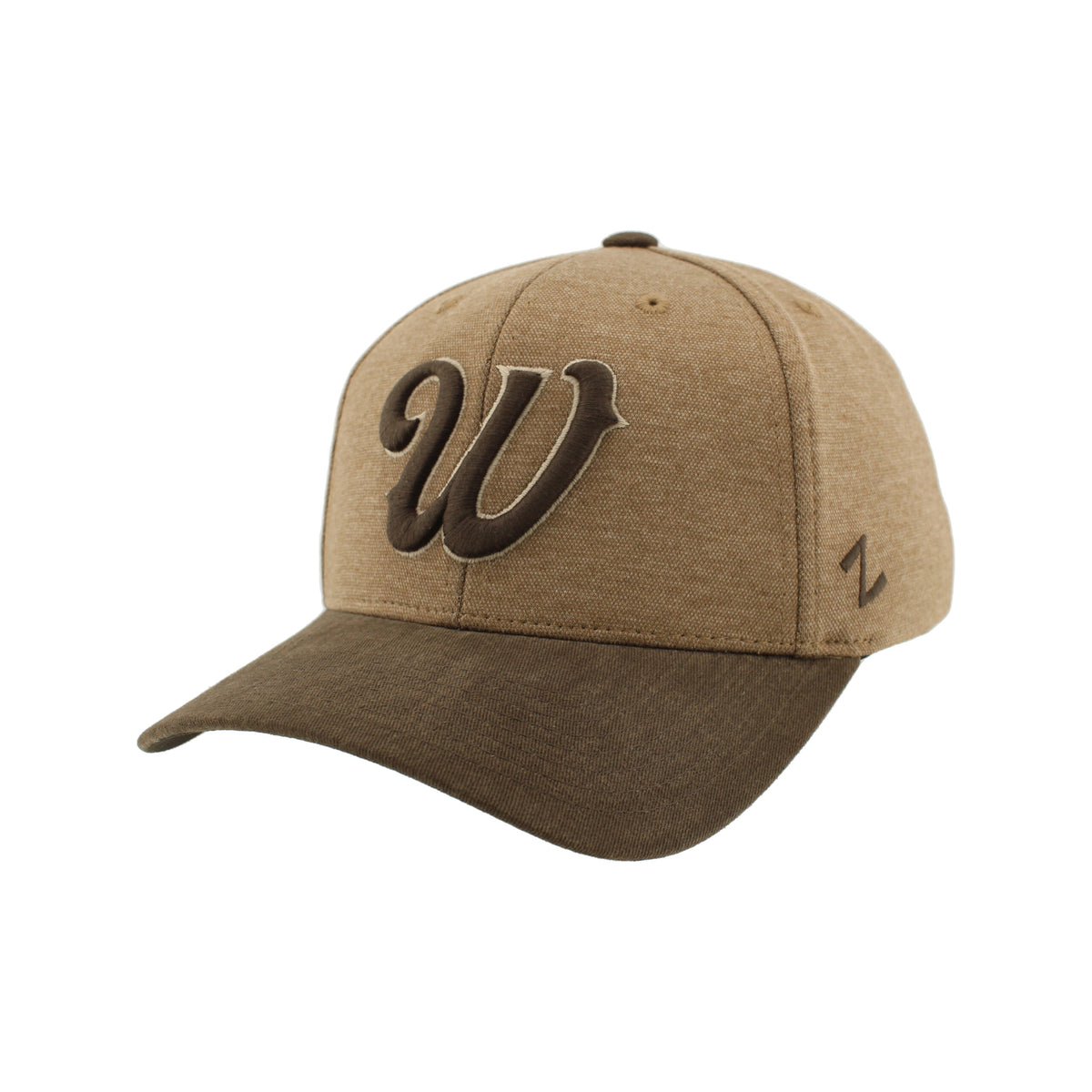 tan and brown adjustable hat. body tan and bill is brown. has brown embroidered cursive w on front panel.