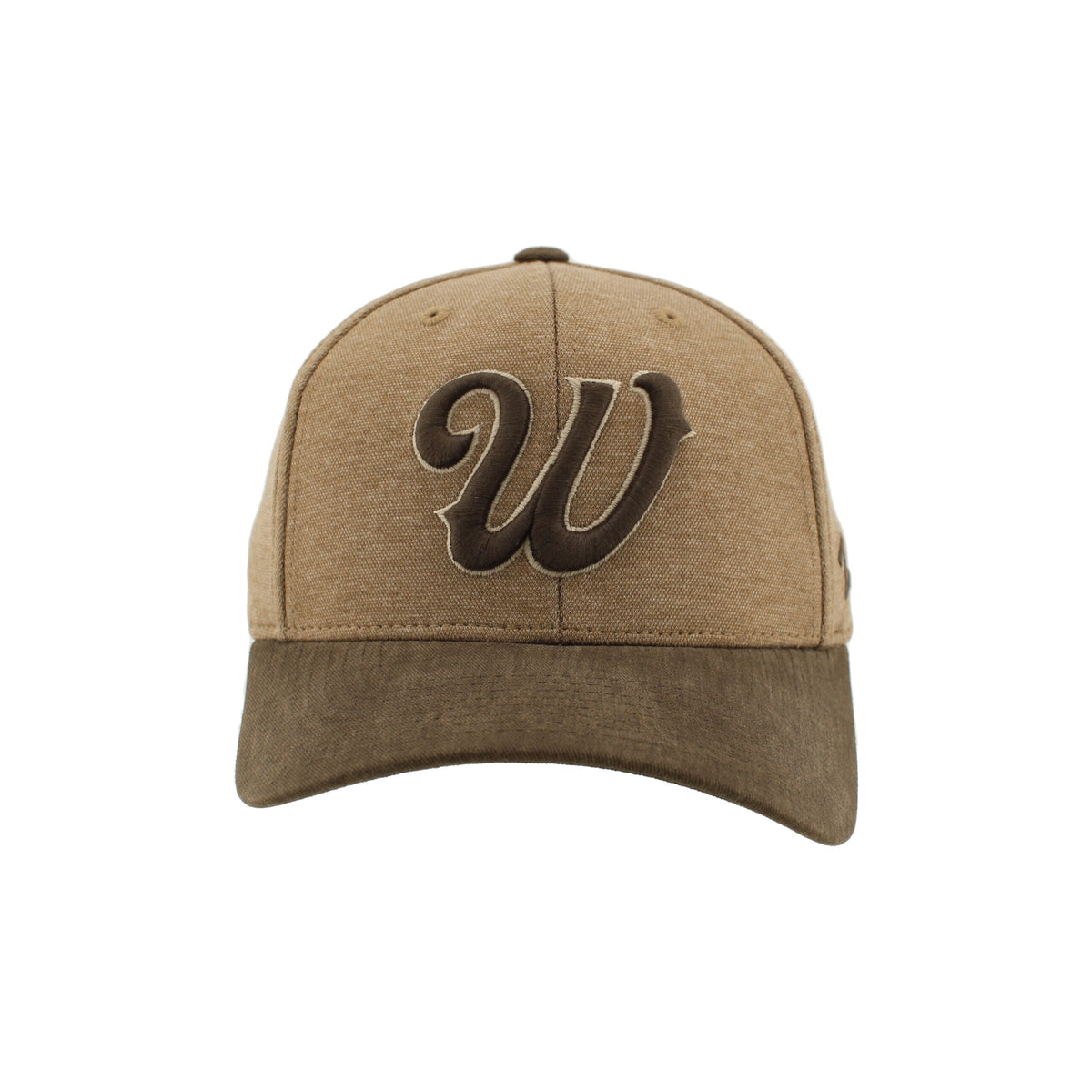 tan and brown adjustable hat. body tan and bill is brown. has brown embroidered cursive w on front panel.