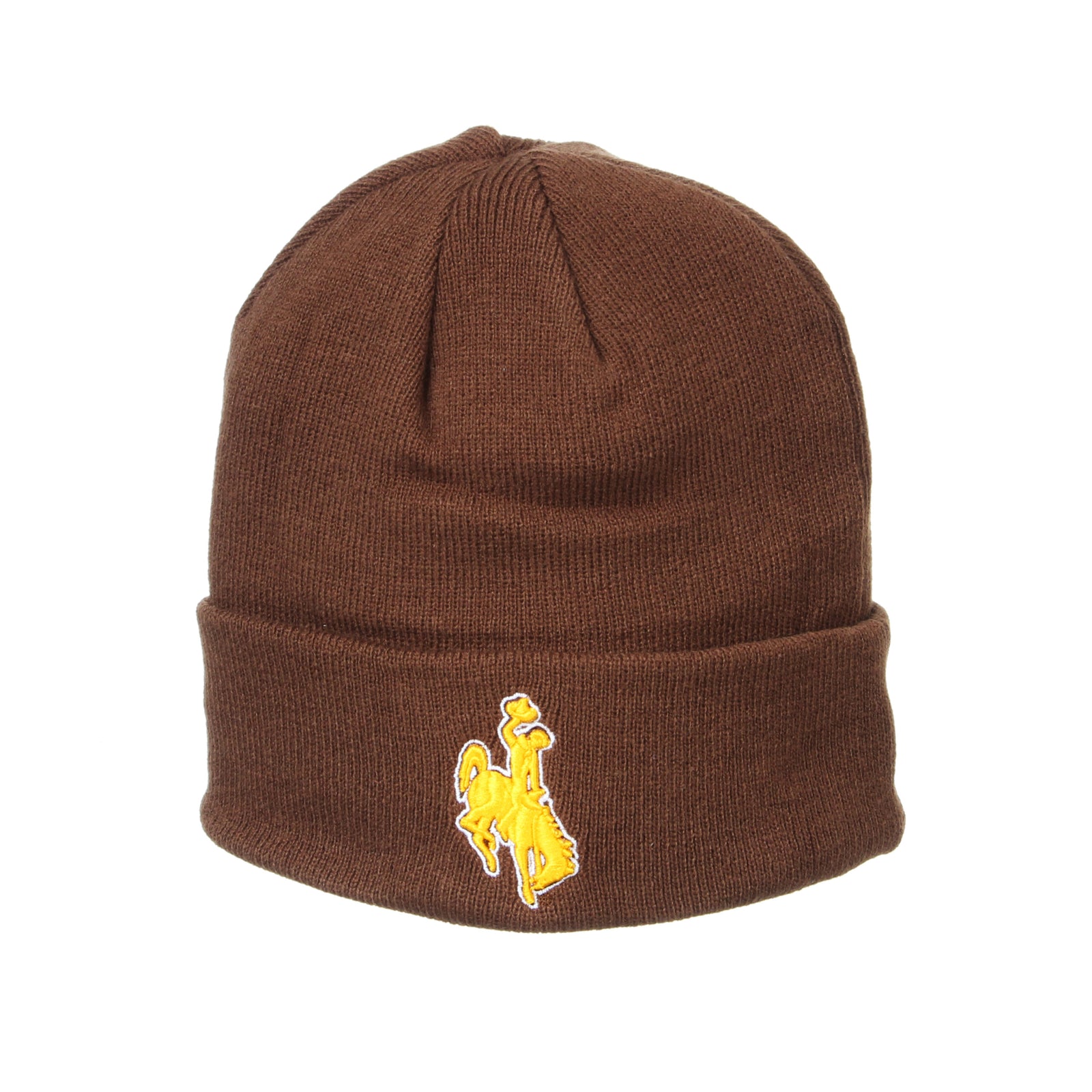 brown knitted beanie with cuff on the bottom, design is gold embroidered bucking horse outlined in white