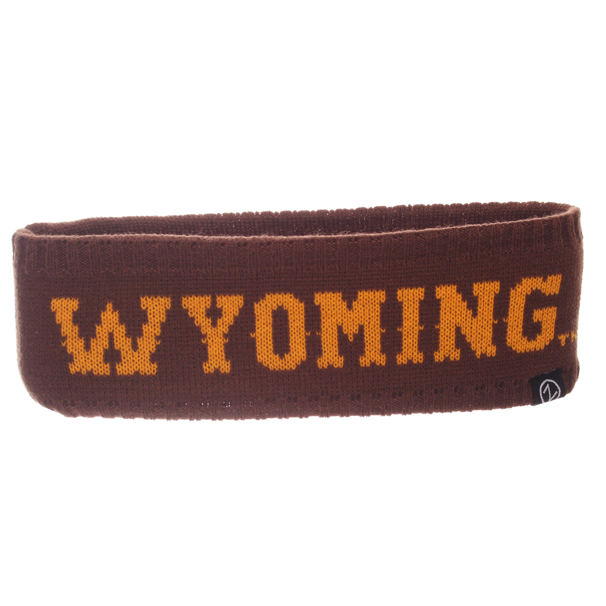 brown knit headband with gold wyoming wrapping around head