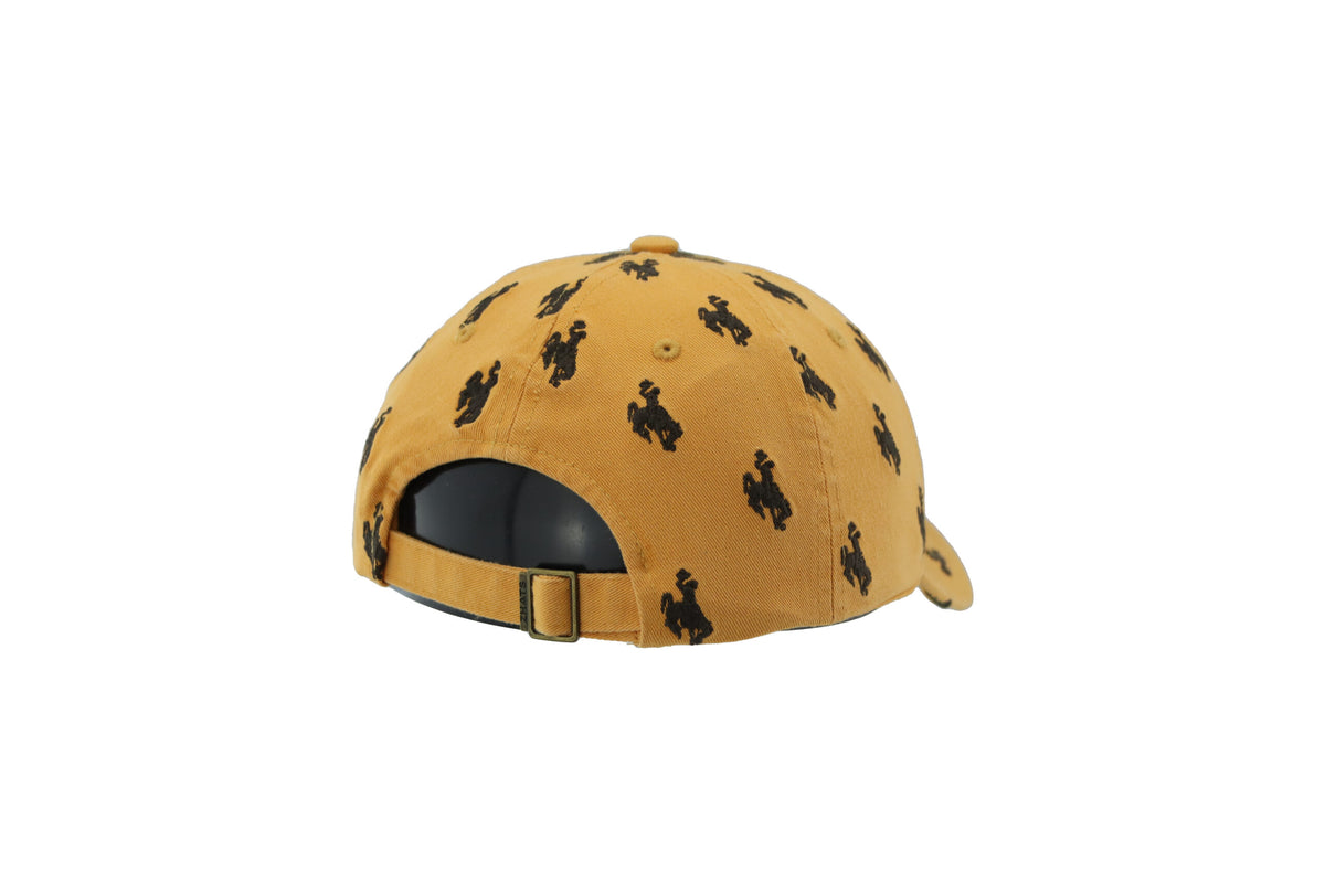 Back of women's gold adjustable hat, design is repeating brown bucking horse design