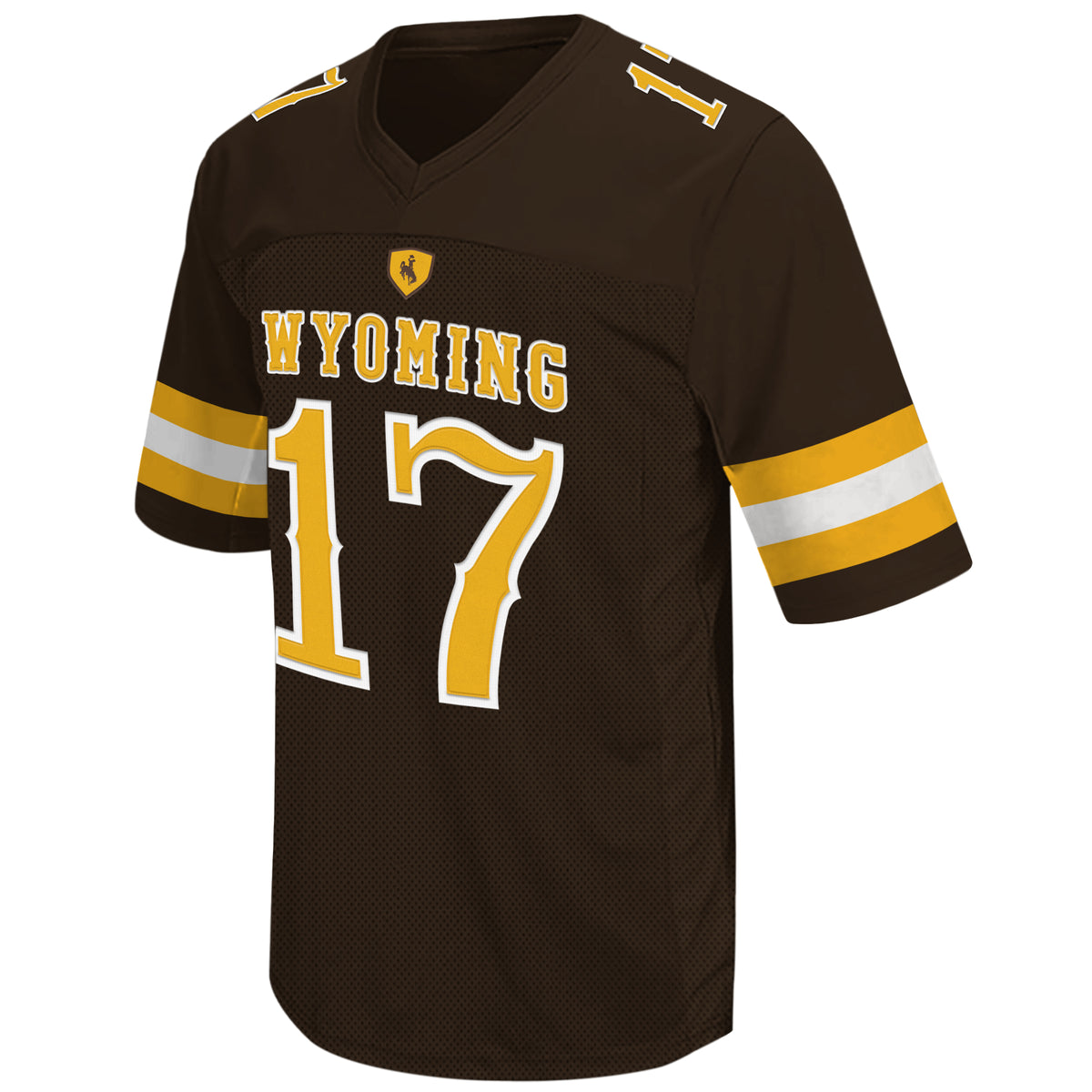 brown youth sized football jersey. Word Wyoming and number 17 on front in gold with white outline