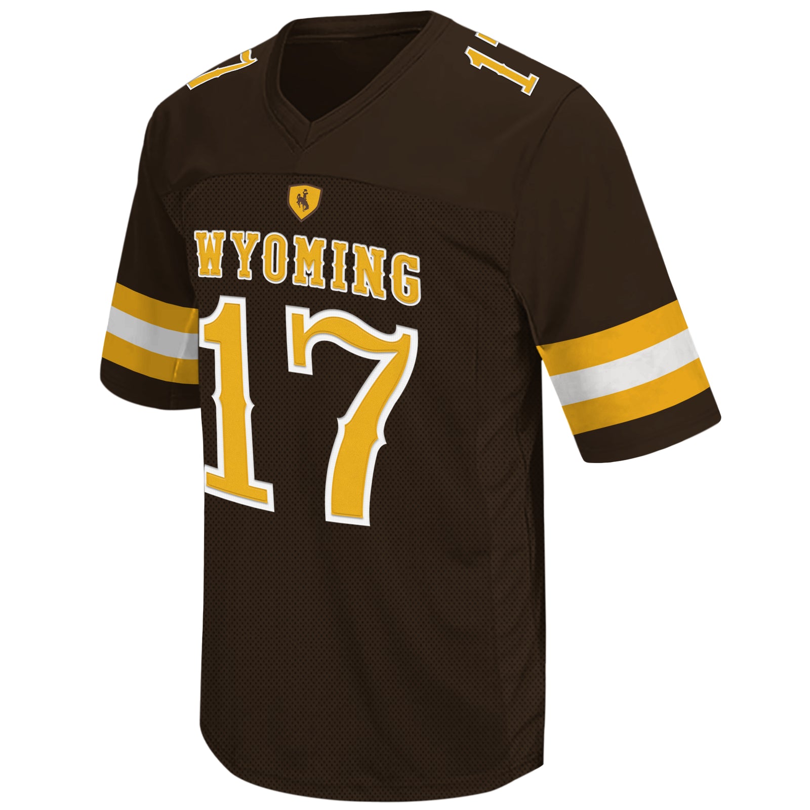 brown youth sized football jersey. Word Wyoming and number 17 on front in gold with white outline