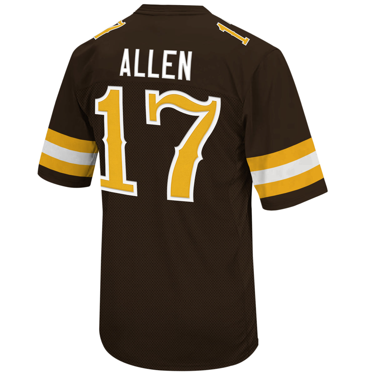 back of brown football jersey, gold and white stripes on sleeves, white word Allen above gold number 17