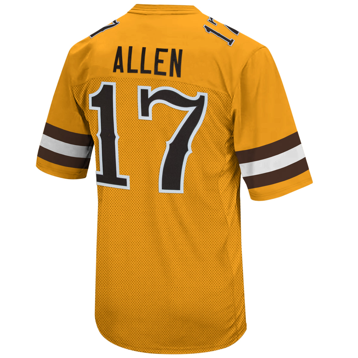 back of gold football jersey, white and brown stripes on sleeves, brown word Allen above brown number 17
