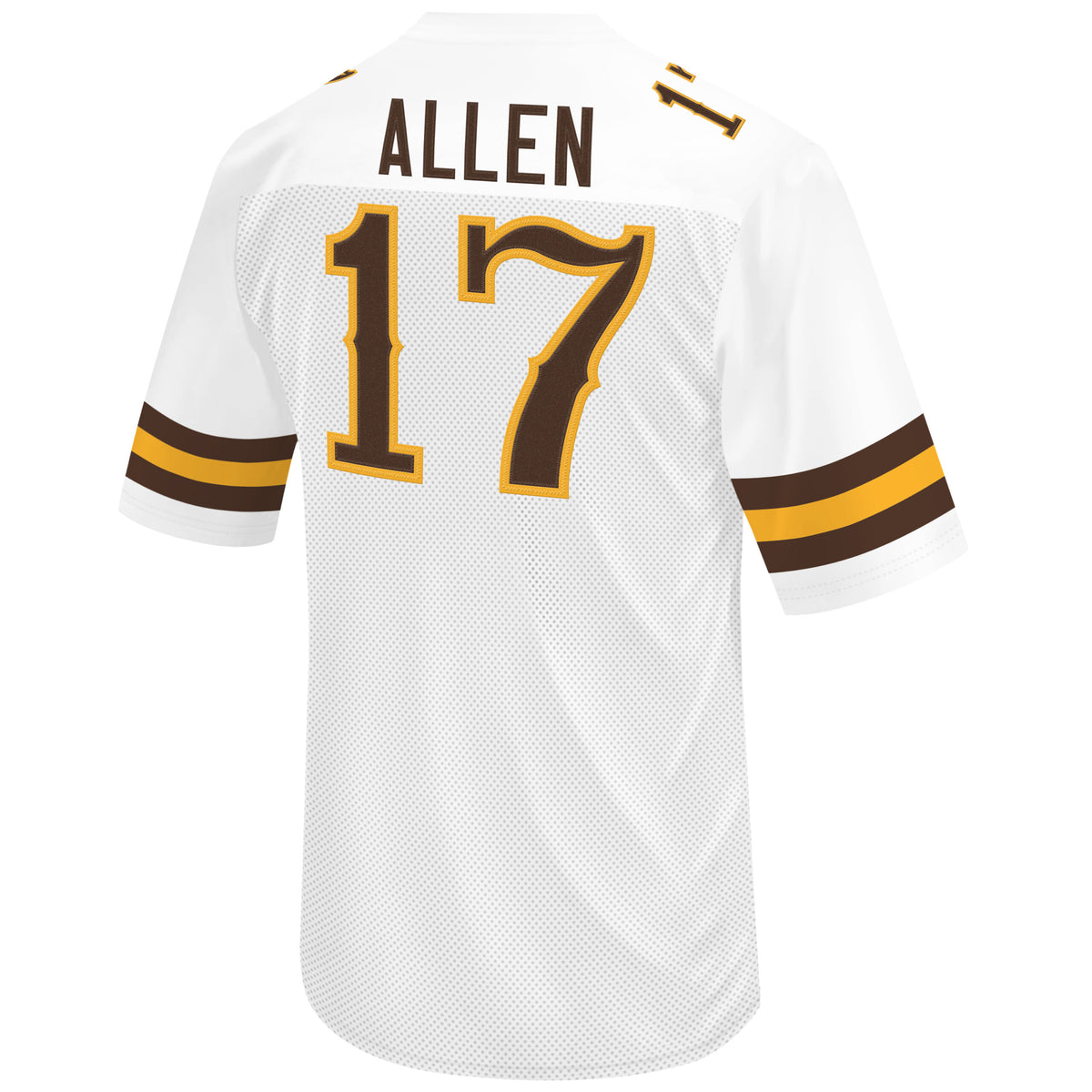 back of white football jersey, gold and brown stripes on sleeves, brown word Allen above brown number 17