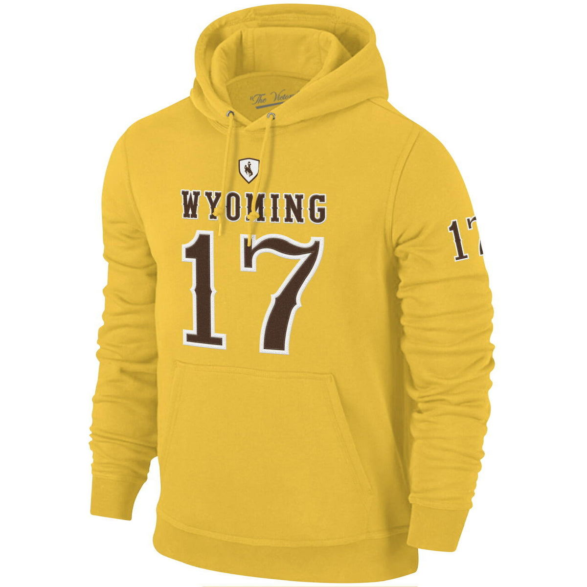 gold hooded sweatshirt with embroidered wyoming lettering with big #17 below all center chest. has 17 on left bicep of sleeve