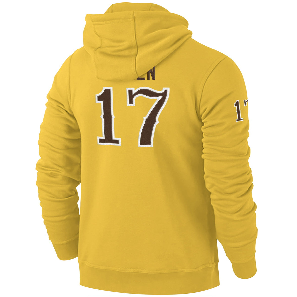 back of gold hooded sweatshirt. has allen letering with 17 below. looks like a mock jersey