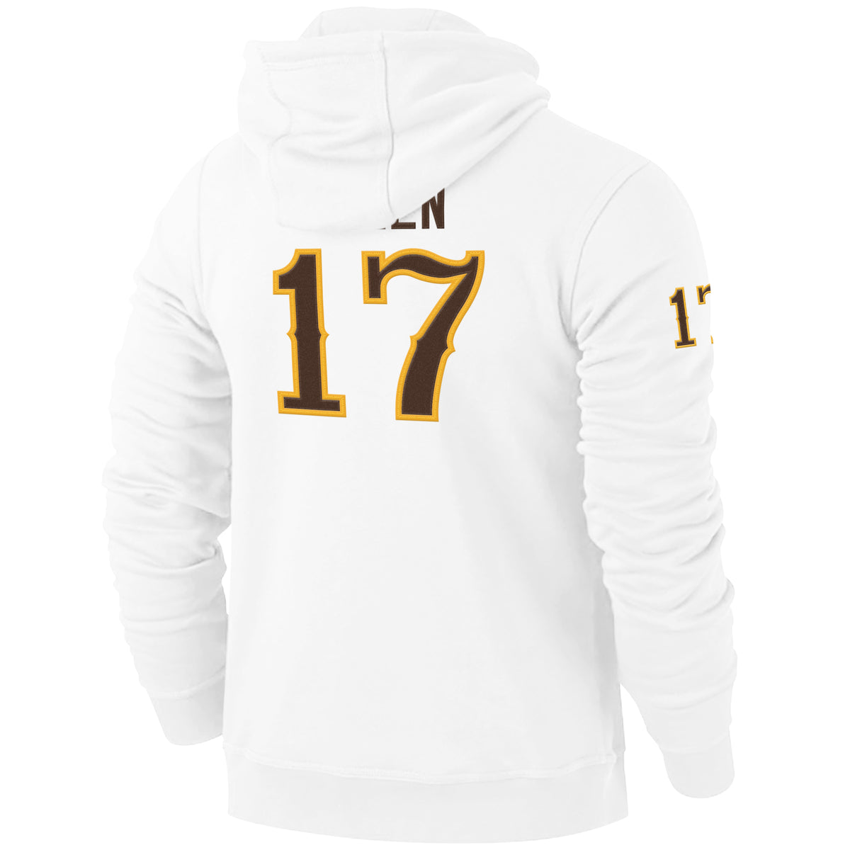 back of white hooded sweatshirt. has allen letering with 17 below. looks like a mock jersey