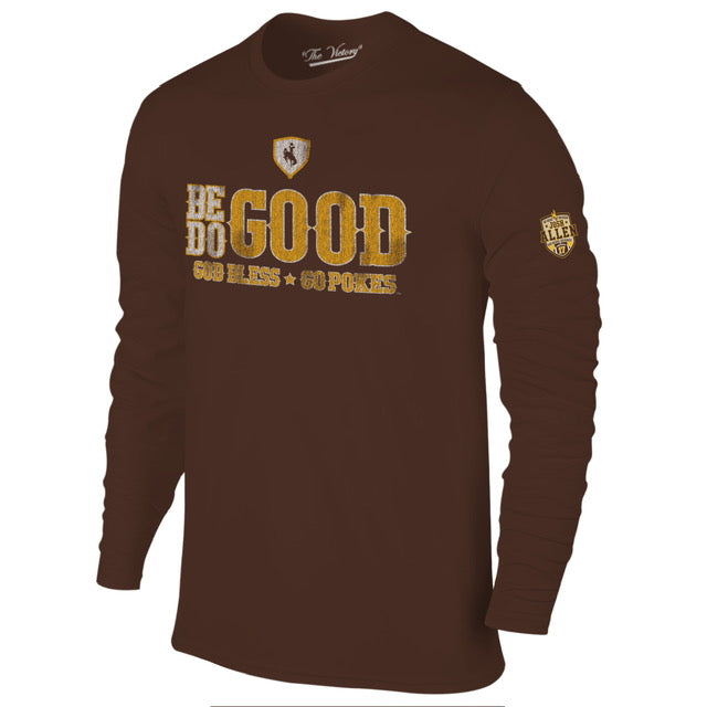 brown long sleeve with design center chest. design is be good do good god bless go pokes saying by josh allen. all in white and gold. has allen patch on left sleeve.