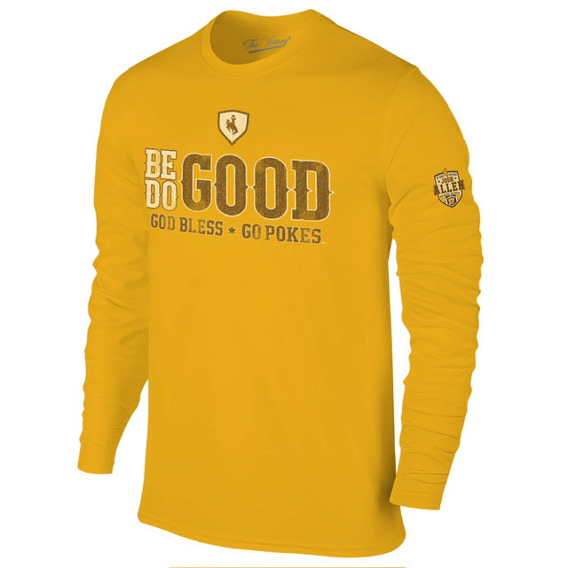 gold long sleeve with design center chest. design is be good do good god bless go pokes saying by josh allen. all in white and brown. has allen patch on left sleeve.
