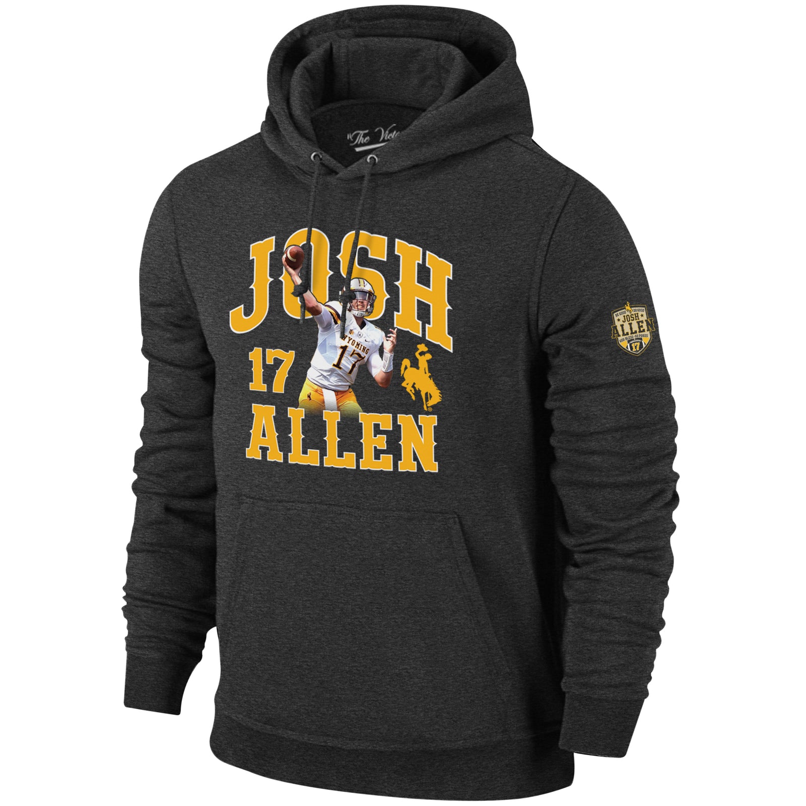 dark grey hooded sweatshirt with josh allen design and playing center chest with retirement patch on left sleeve