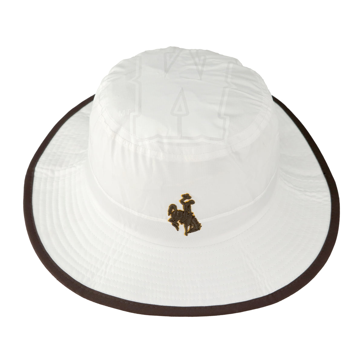 White sun hat with brown rim and brown bucking horse logo. has tonal W on top of hat