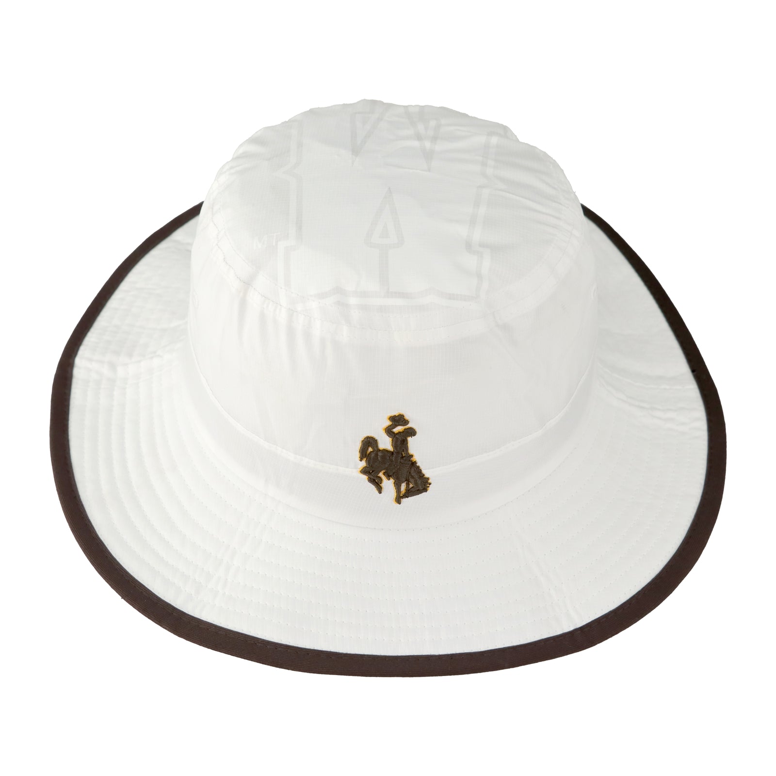 White sun hat with brown rim and brown bucking horse logo. has tonal W on top of hat