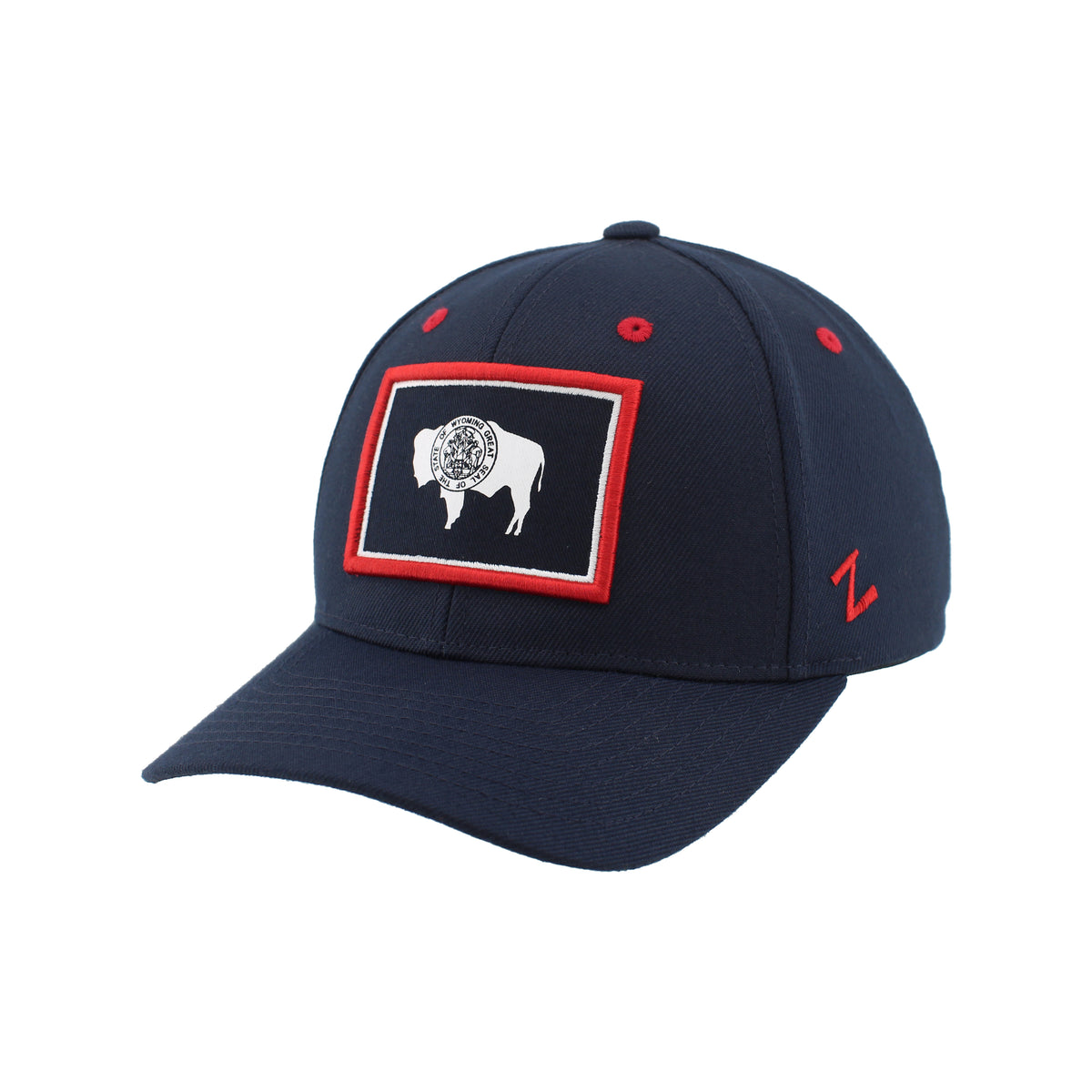 Navy adjustable hat with Wyoming State Flag outlined in red on front