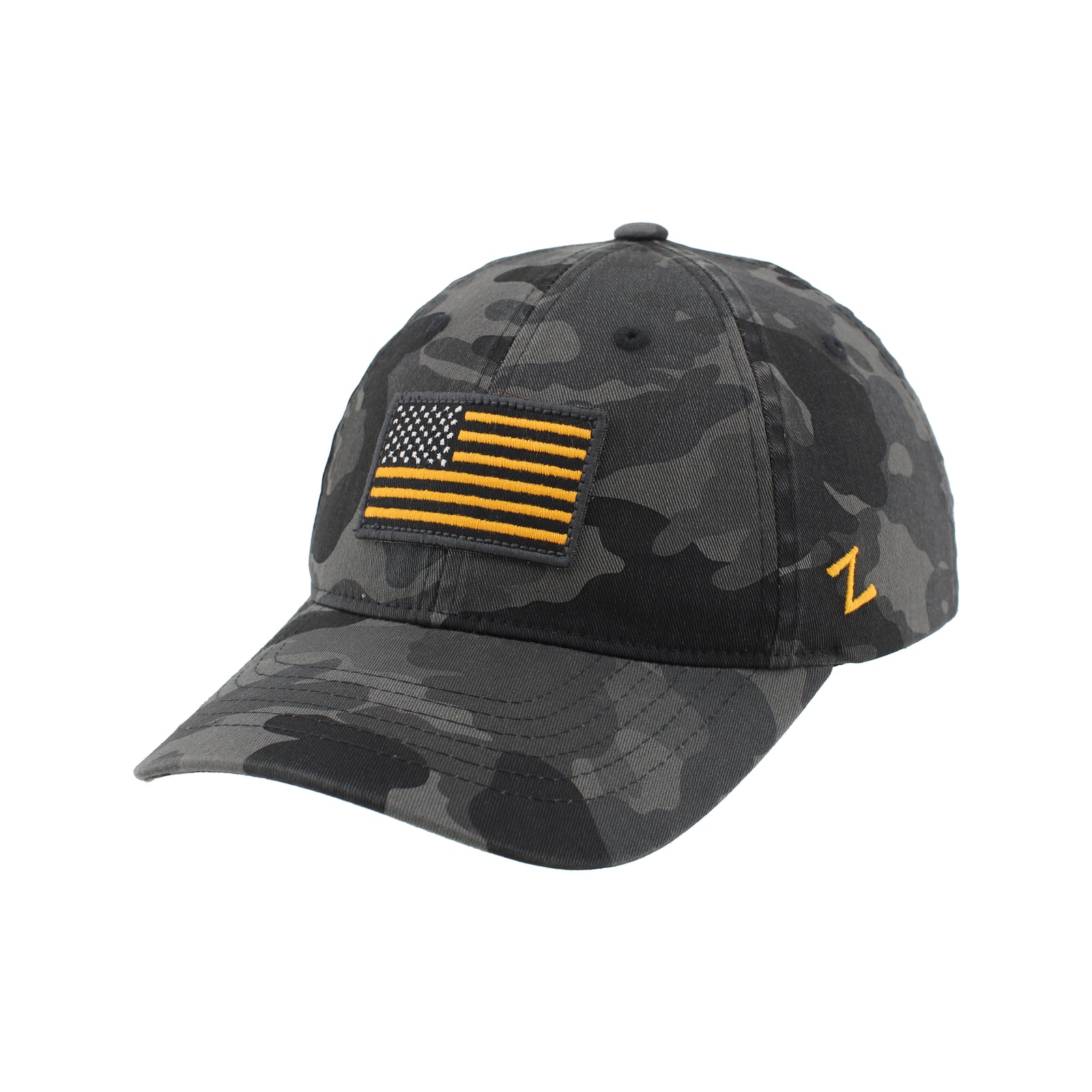Black camo adjustable hat. Has black and gold american flag centered on front.