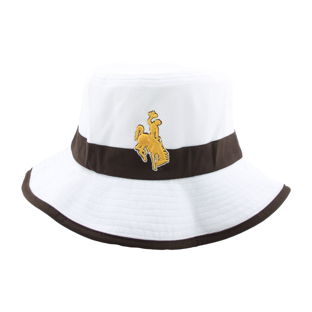 white bucket hat with brown trim. has brown line around for design. gold bucking horse embroidered on front