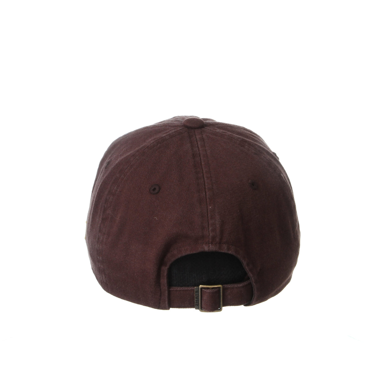 back side view of brown, unstructured adjustable hat. Metal adjustable loop closure