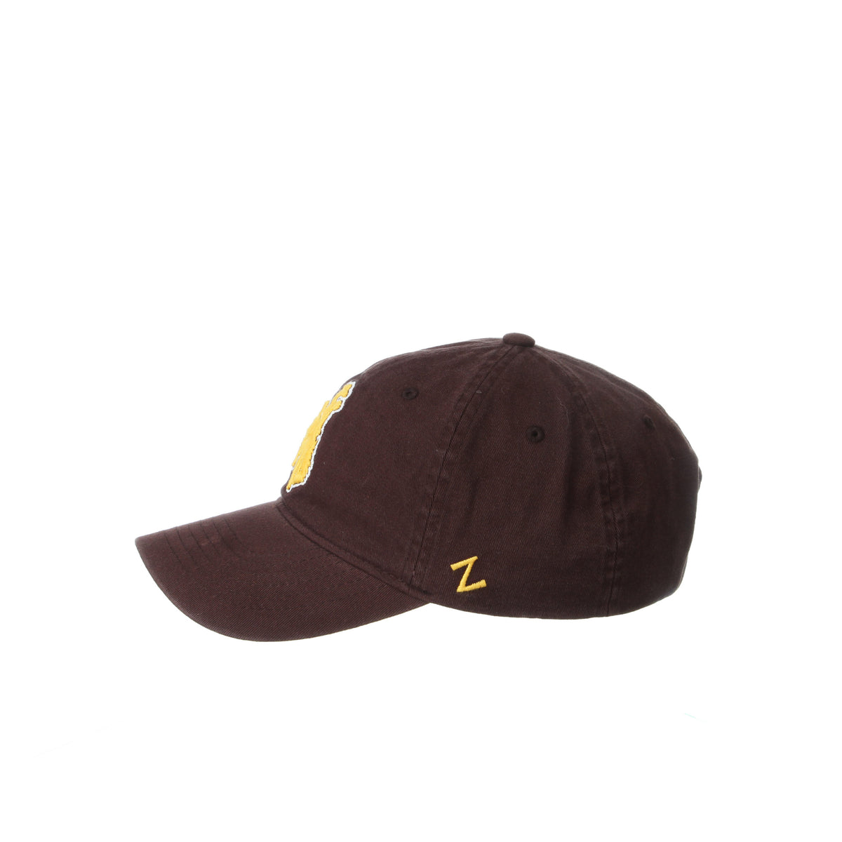 left side view of brown, unstructured adjustable hat. Gold Z logo embroidered on left side of hat