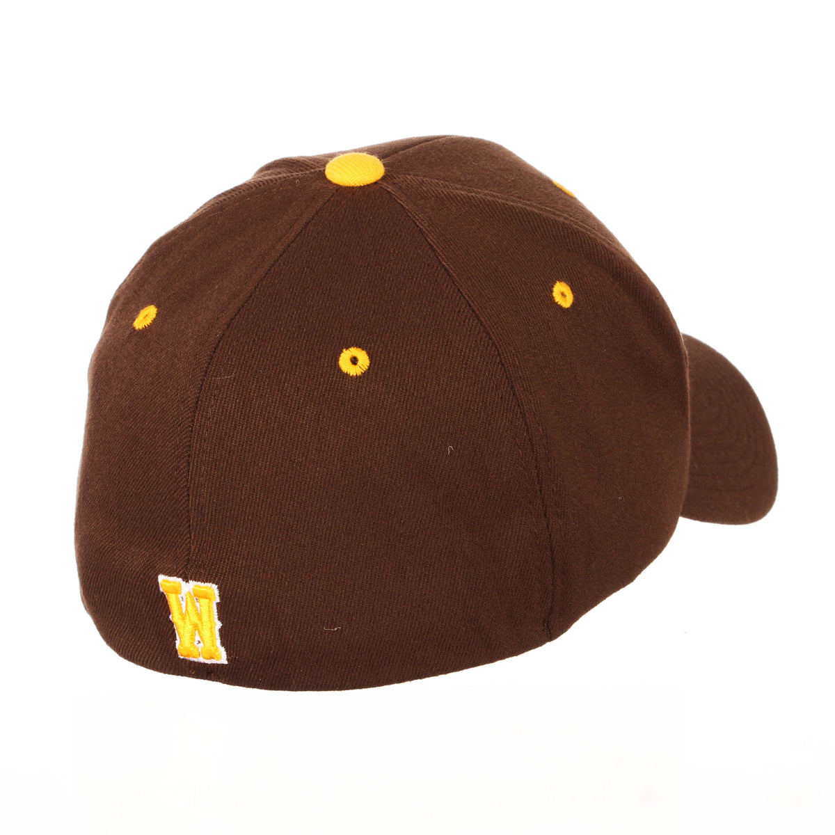 Back of brown flexfit hat, design is gold W white outline