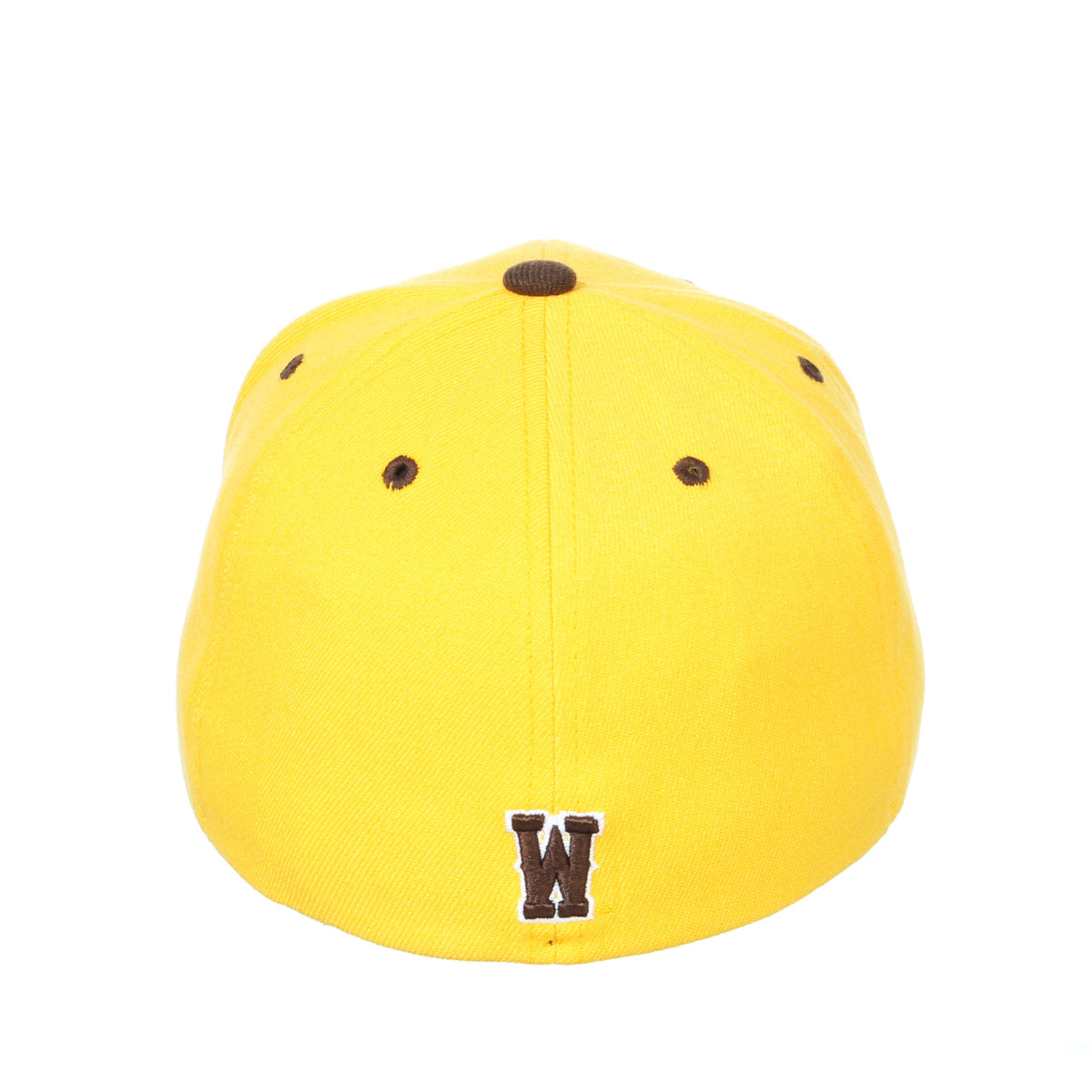 back view of gold, structured flex fit style hat. brown block W embroidered on center bottom of hat