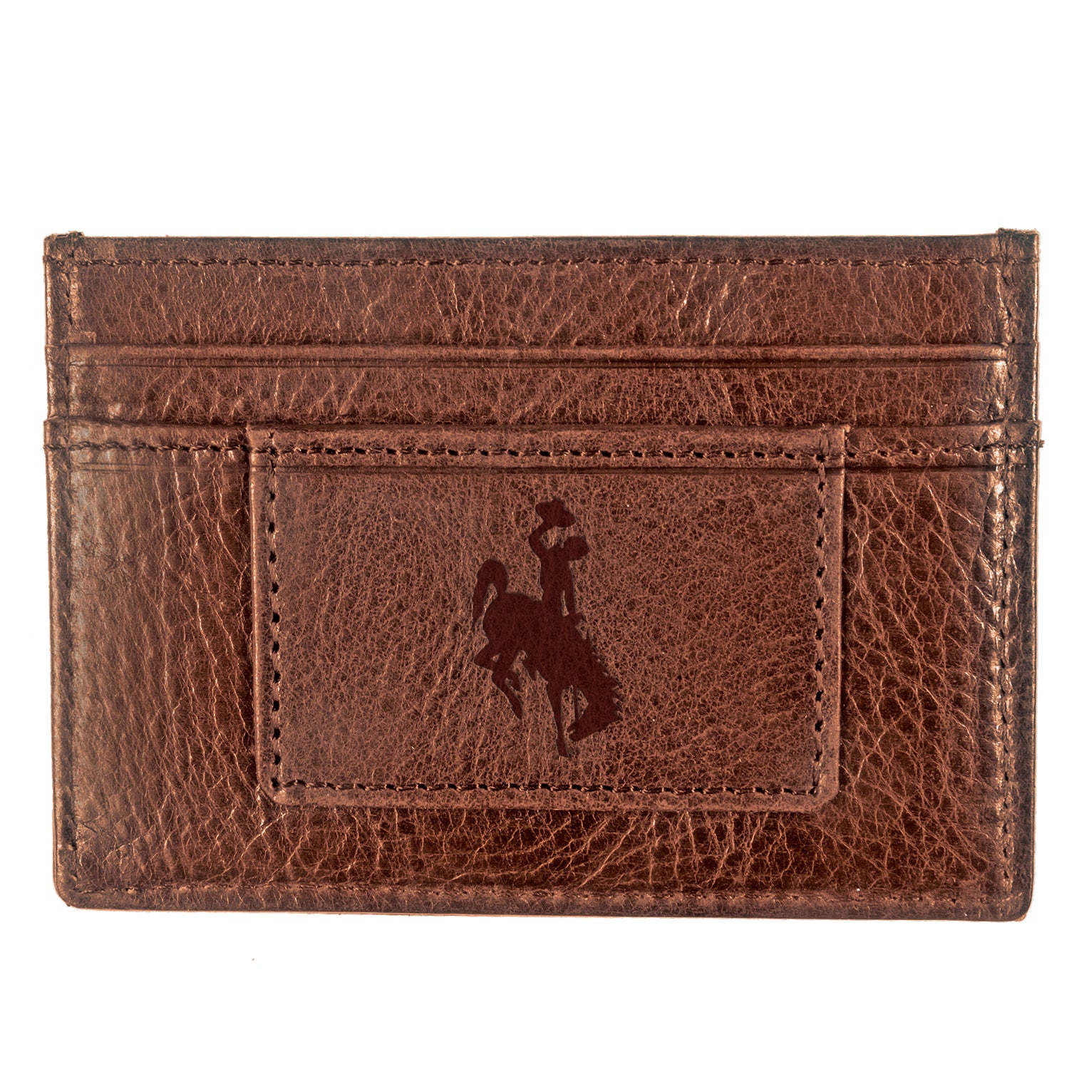 brown leather card holder with clip on back. has two card slots with imprinted bucking horse on front