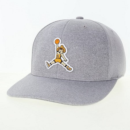 A heather gray snapback cap featuring a cartoon graphic of a basketball player in a yellow and brown uniform, set against a plain white background.