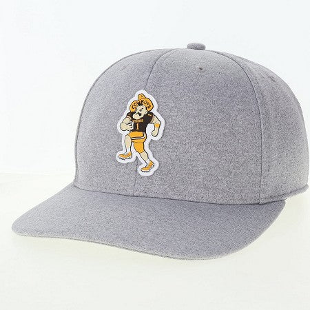 Grey adjustable hat with pistol pete playing football in brown and gold on the front. Pictured on a white background.