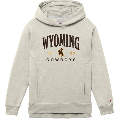A light beige hooded sweatshirt featuring a 'WYOMING COWBOYS' graphic on the chest with a cowboy silhouette and '1886' text, shown against a plain white background.