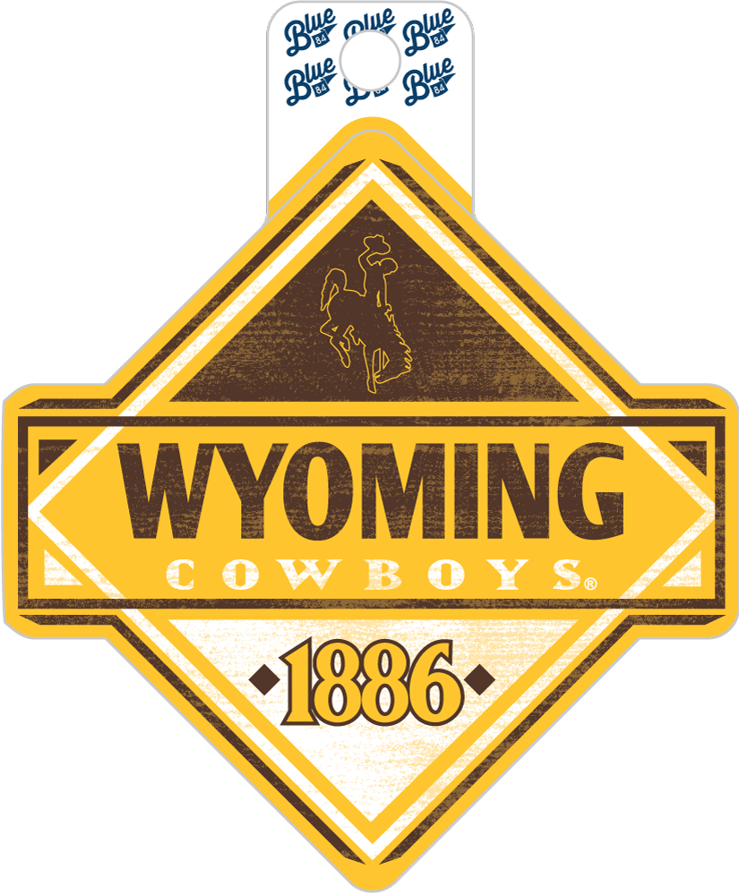 A Wyoming Cowboys themed diamond-shaped decorative sign or sticker with a white hanging tab at the top. The design features a yellow and brown western motif with the text 'WYOMING COWBOYS' and '1886'.