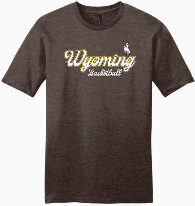 Dark brown  t-shirt with 'Wyoming Basketball' text and logo in white