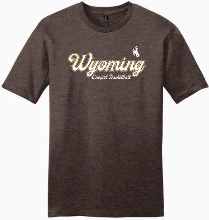 Dark brown t-shirt with 'Wyoming Volleyball' text and logo in white