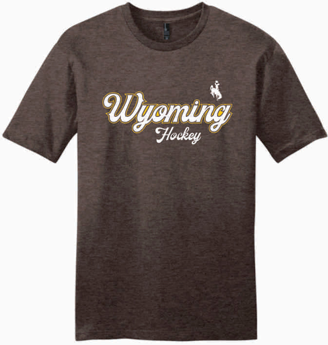 brown t-shirt with wyoming hockey script on the front  in white with bucking horse above centered left