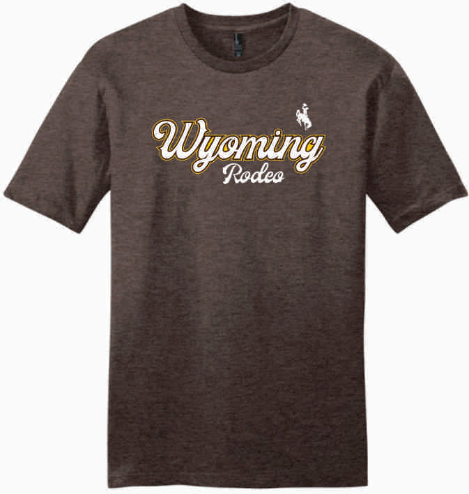 Dark brown t-shirt with 'Wyoming Rodeo' text and logo in white