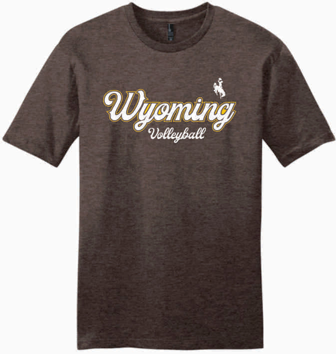 brown tee with design center chest. design is white script wyoming with gold outline. has volleyball script below and bucking horse above left centered
