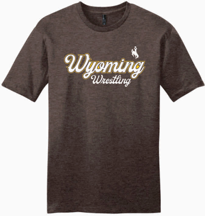 Dark brown t-shirt with 'Wyoming Soccer' text and logo in white 