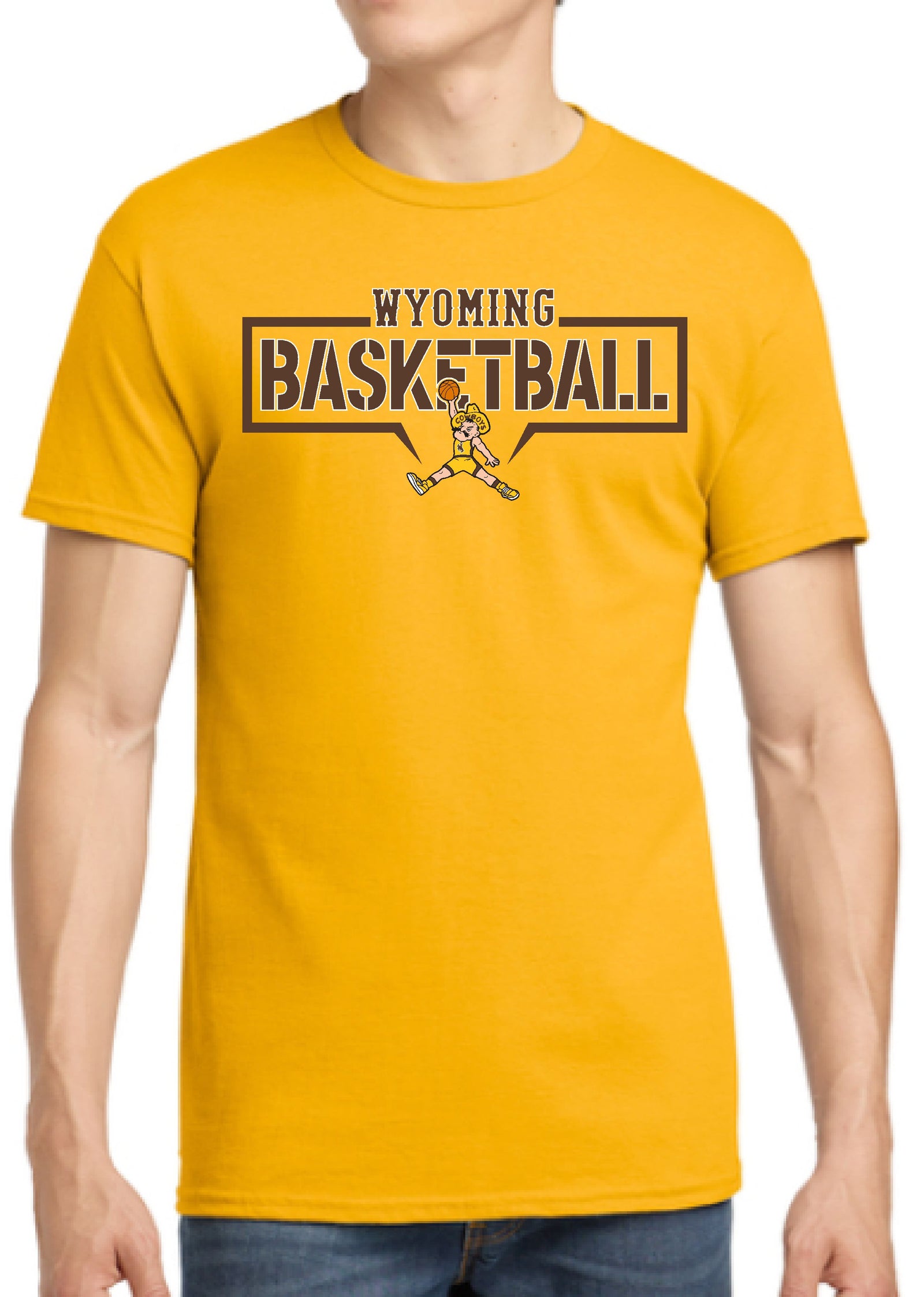 Yellow t-shirt with 'Wyoming Basketball' text and a pistol pete graphic playing basketball on center chest in brown and white. 