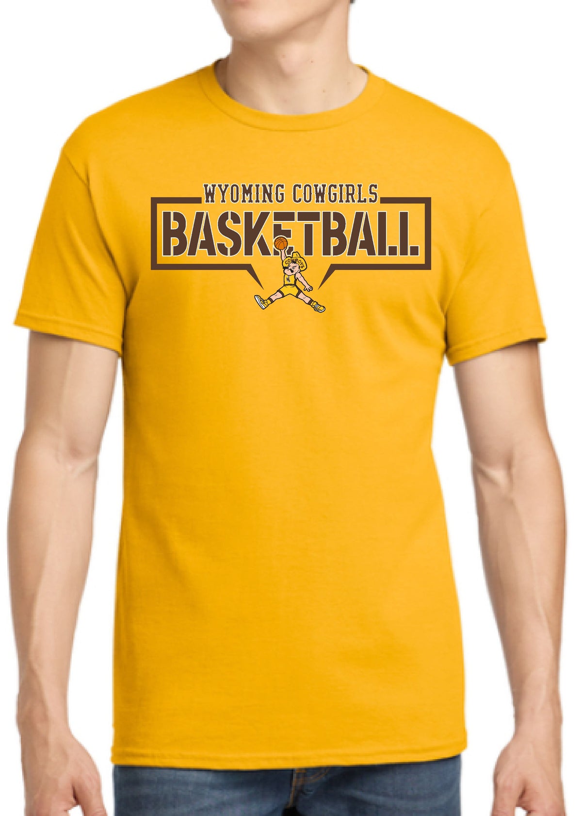 Yellow t-shirt with 'Wyoming Cowgirls Basketball' text and pistol pete playing basketball all center chest in brown and white