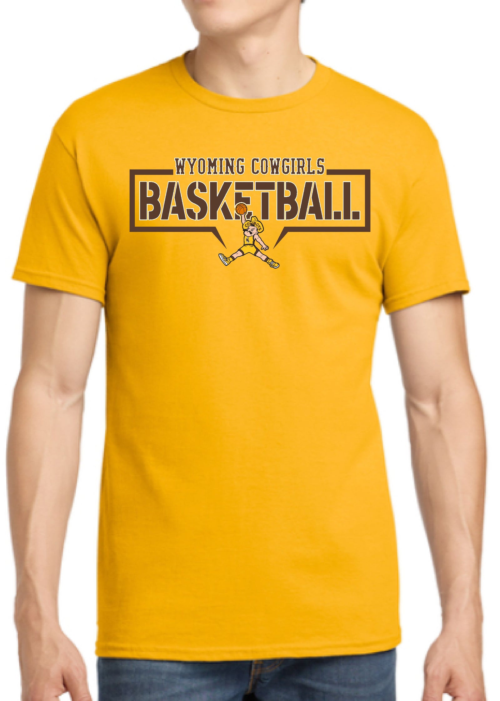 Yellow t-shirt with 'Wyoming Cowgirls Basketball' text and pistol pete playing basketball all center chest in brown and white