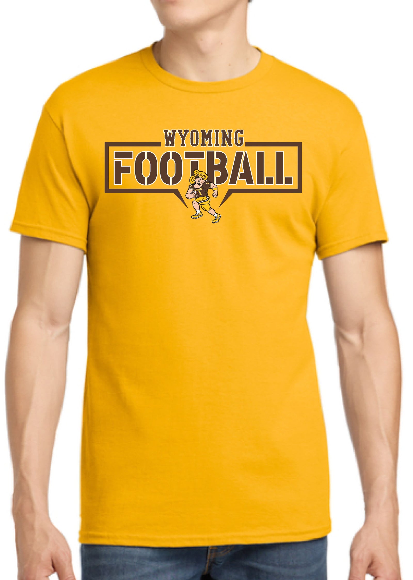 gold tee shirt with 'Wyoming Football' and pistol pete playing football all center chest in brown and white