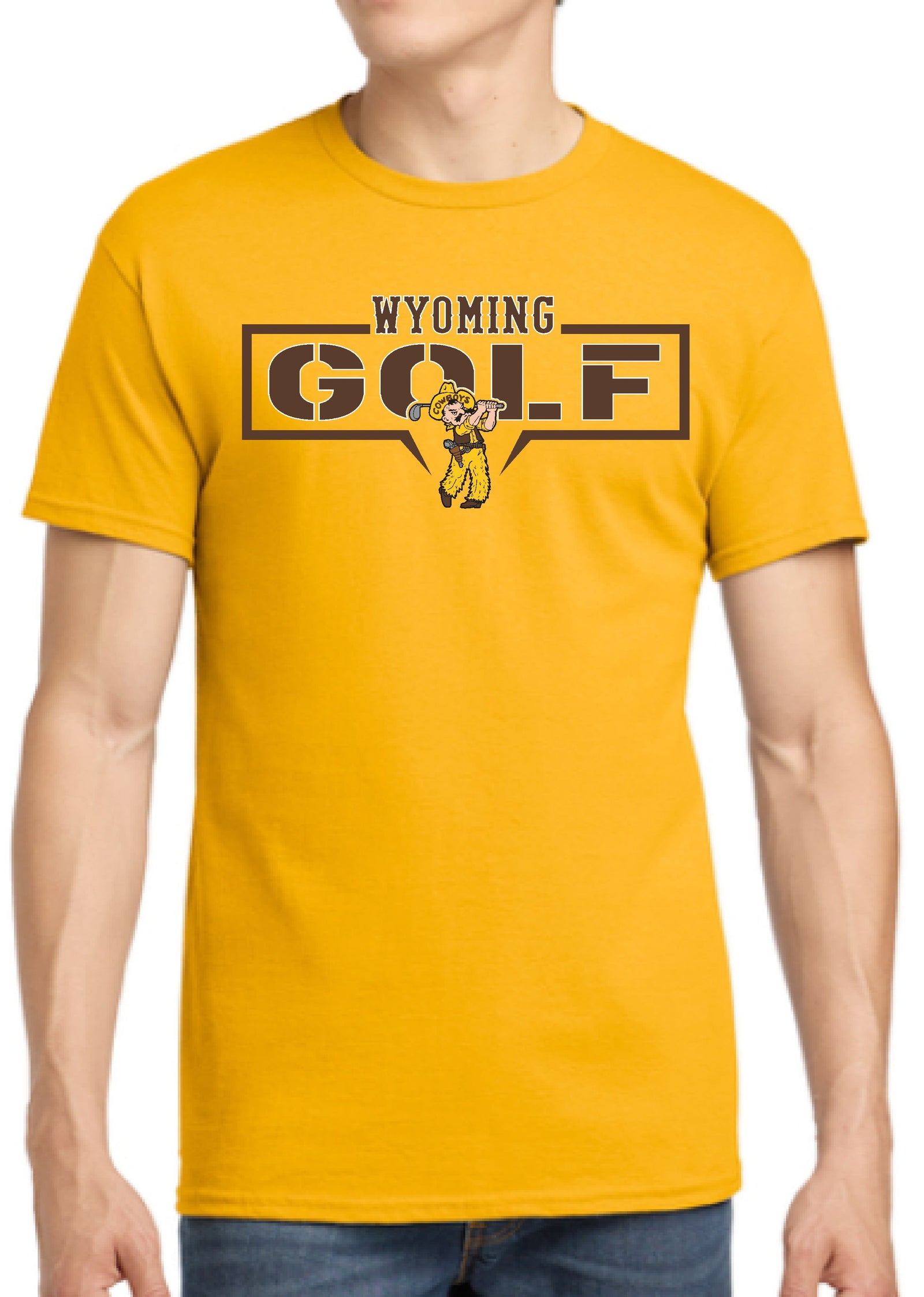gold tee shirt with 'wyoming golf' lettering and pistol pete below golfing all center chest in brown and white
