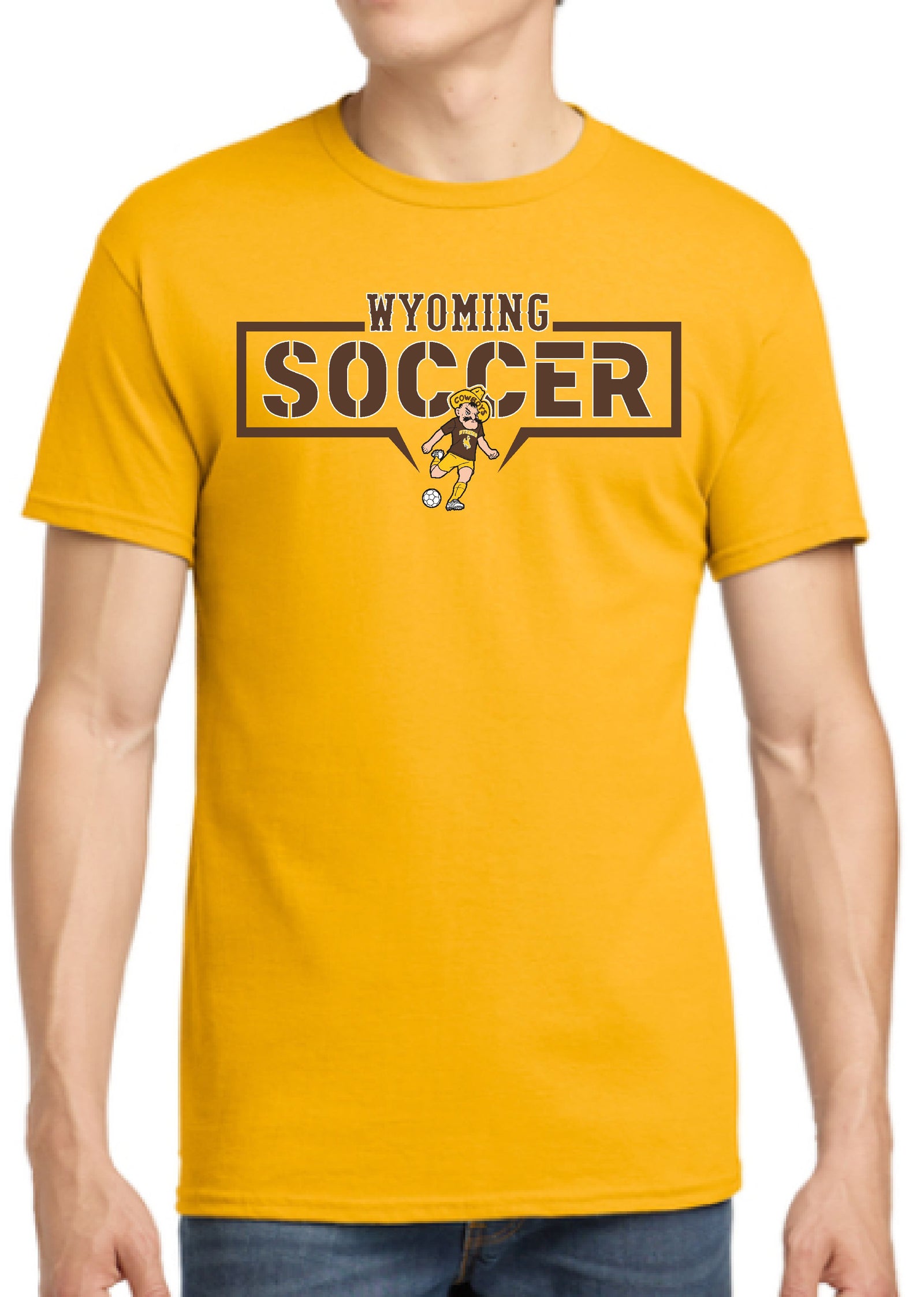 Yellow t-shirt with 'Wyoming Soccer' text and pistol pete graphic playing soccer all center chest in brown and white.
