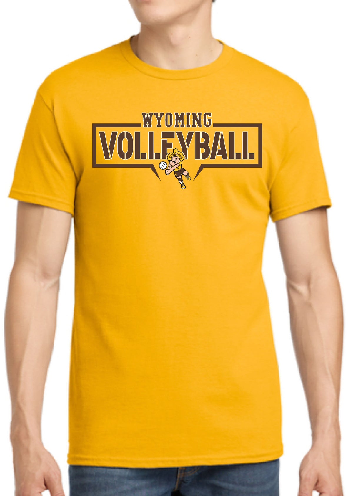 Yellow t-shirt with 'Wyoming Volleyball' text and pistol pete playing volleyball all center chest in brown and white. 