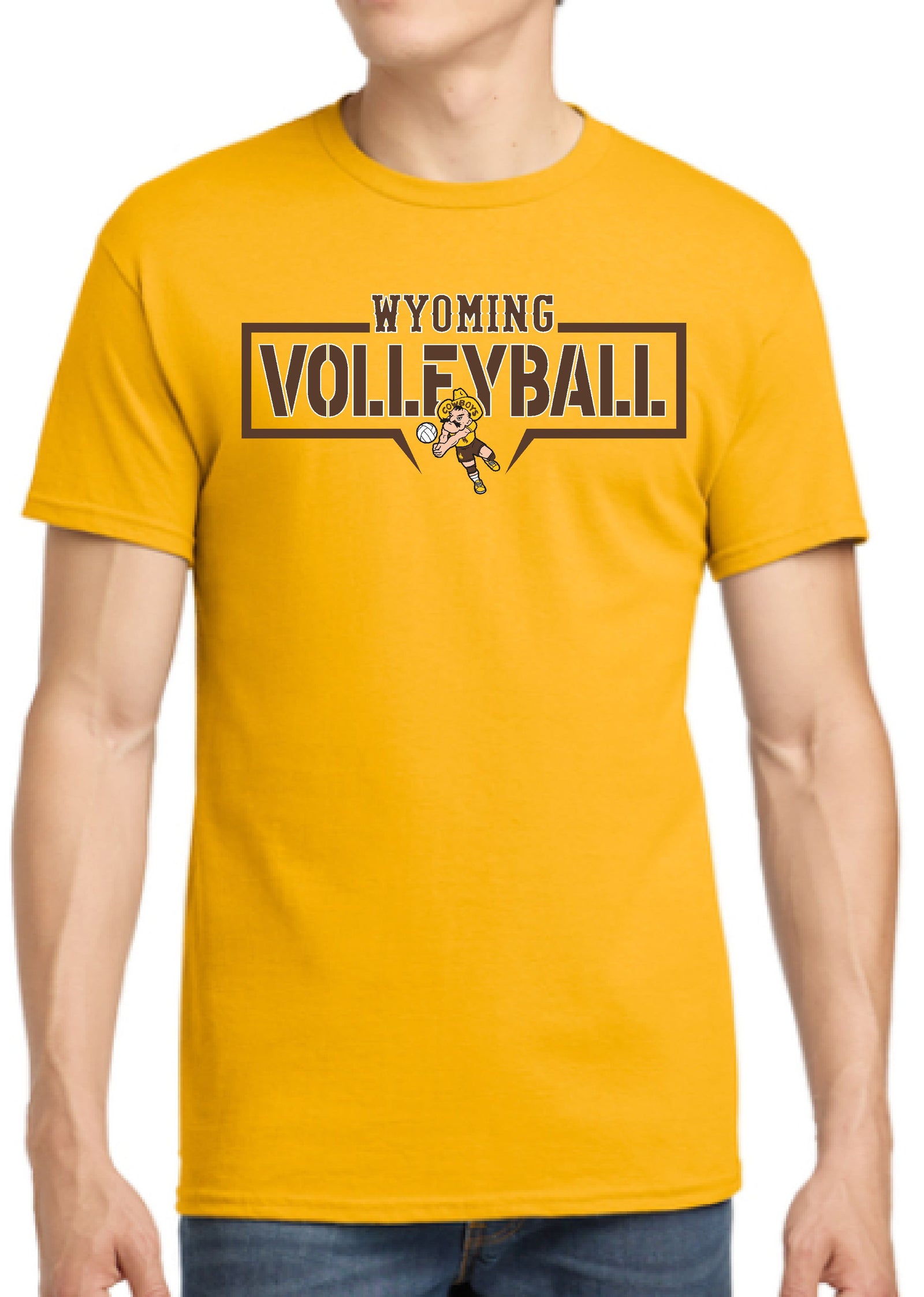 Yellow t-shirt with 'Wyoming Volleyball' text and pistol pete playing volleyball all center chest in brown and white. 
