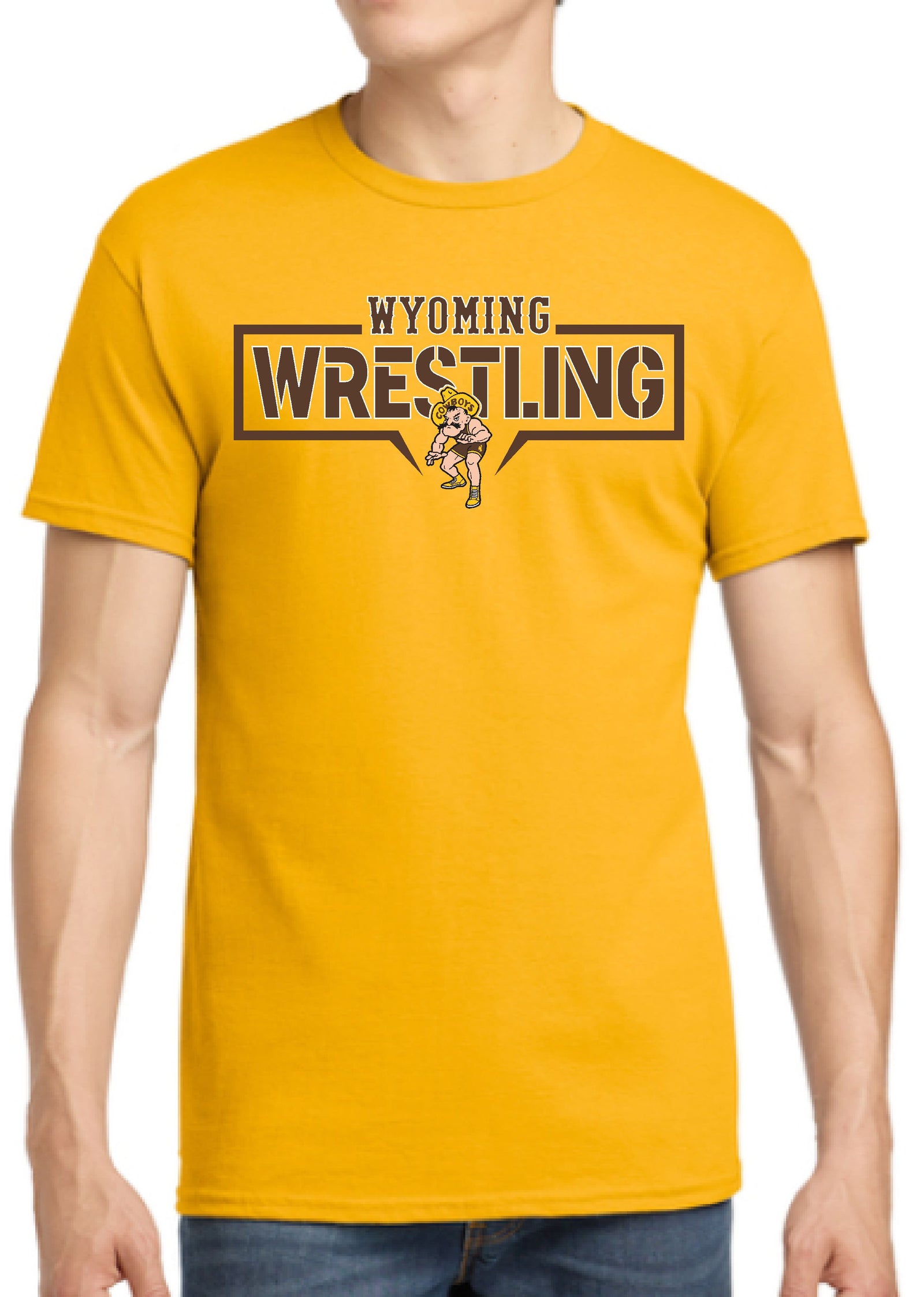 Yellow t-shirt with 'Wyoming Wrestling' text and pistol pete wrestling below. all center chest in brown and white.