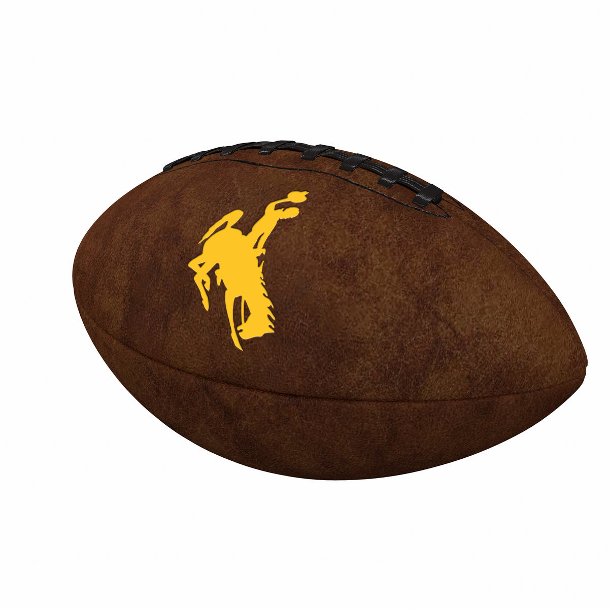 A brown leather football with a yellow bucking horse logo on the side, isolated on a white background.